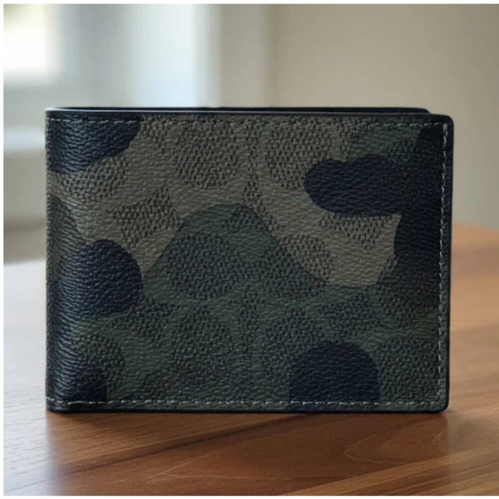 Coach Mens Slim Billfold Wallet Camo Green Signature Canvas